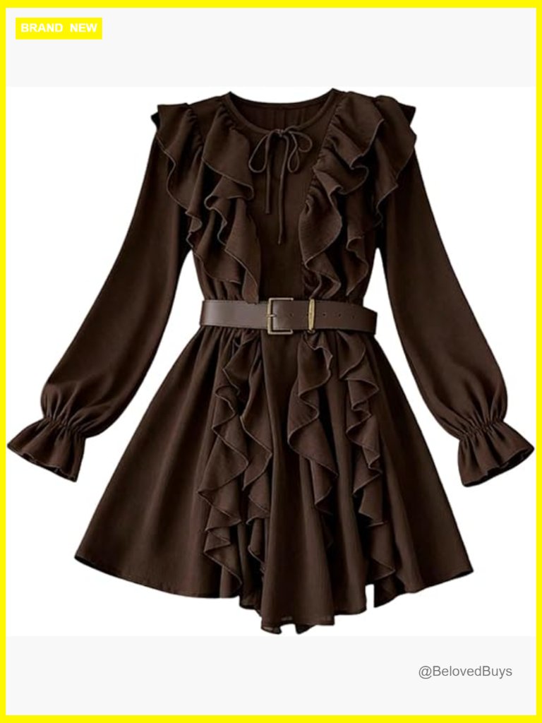 Lantern Long Sleeve Mini Dress Ruffle Tie Crew Neck Chiffon Western Cowgirl